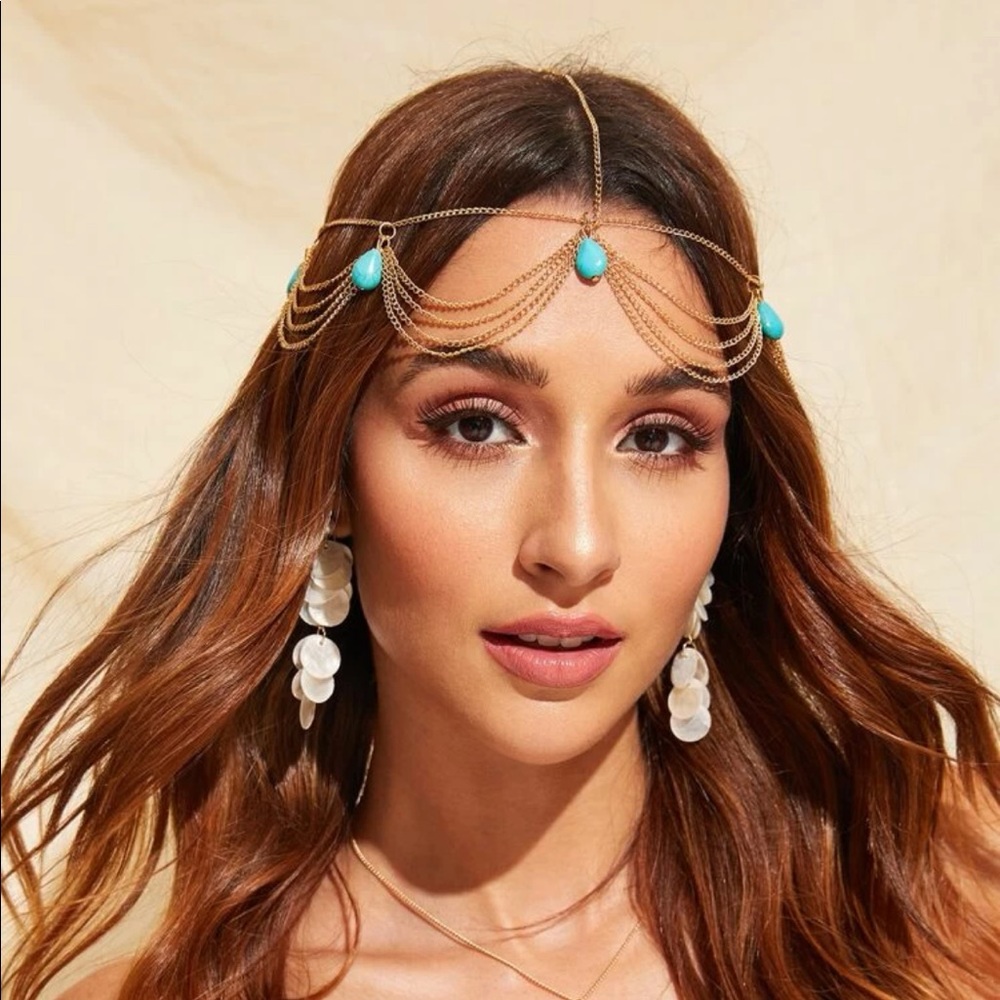 🎉 New Golden Chain & Turquoise Stone Hair Chain